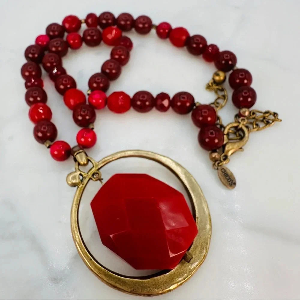Chico’s Statement Pendant Necklace Signed Red Pink and Burgundy Gold-ton… - Picture 9 of 11